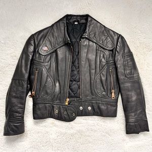 Boys Black Leather Biker Jacket w/ Unique Oval Collar Lapel Zip Sleeves & Pocket